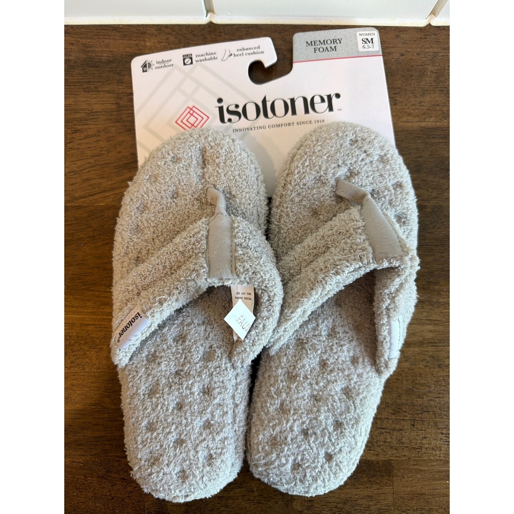 Isotoner Womens Memory Foam Thong Slippers Faux Fur Taupe Size Small 6.5-7 NEW